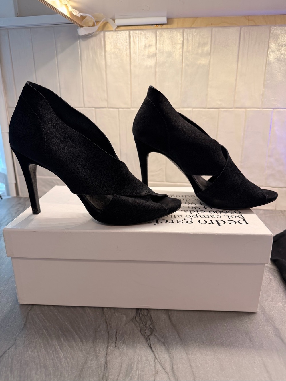 Pedro Garcia Black Peep-Toe Stiletto Ankle Booties with Wrapped Upper